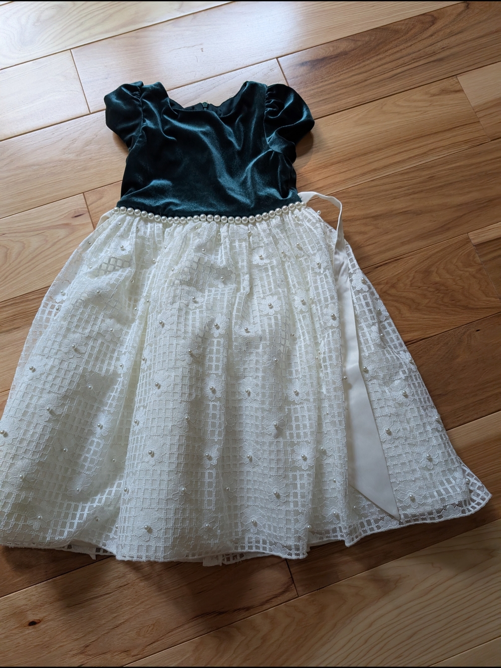 American Princess Green Velvet and Ivory Pearl-Trimmed Party Dress